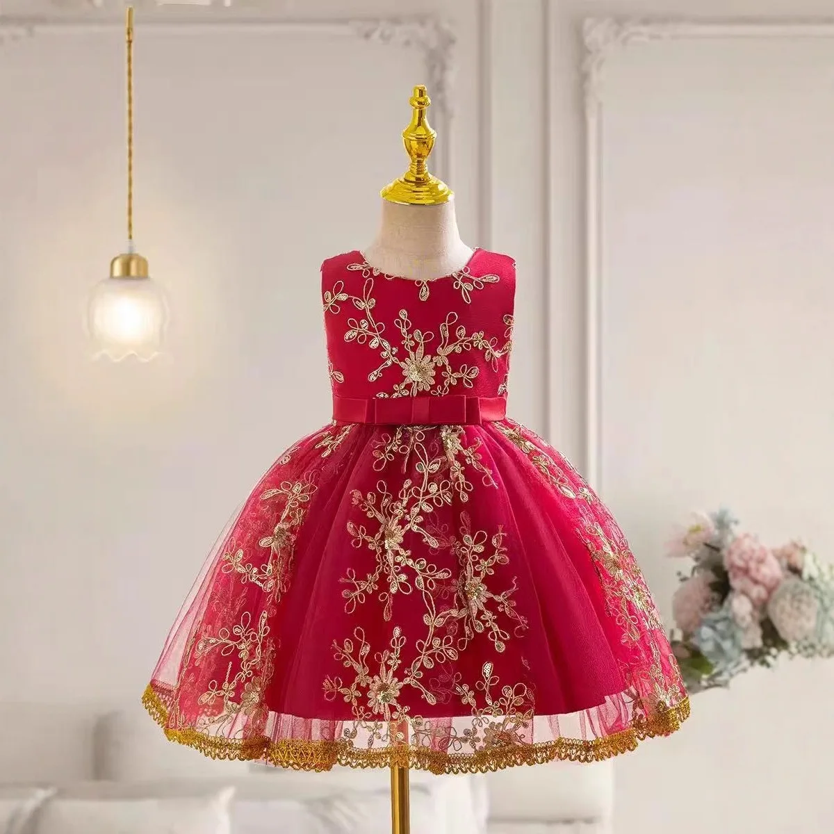 High Quality Gold Patterned Girls' Dress Performance Evening Party, Mesh Princess Dress, Bow, Sweet Style