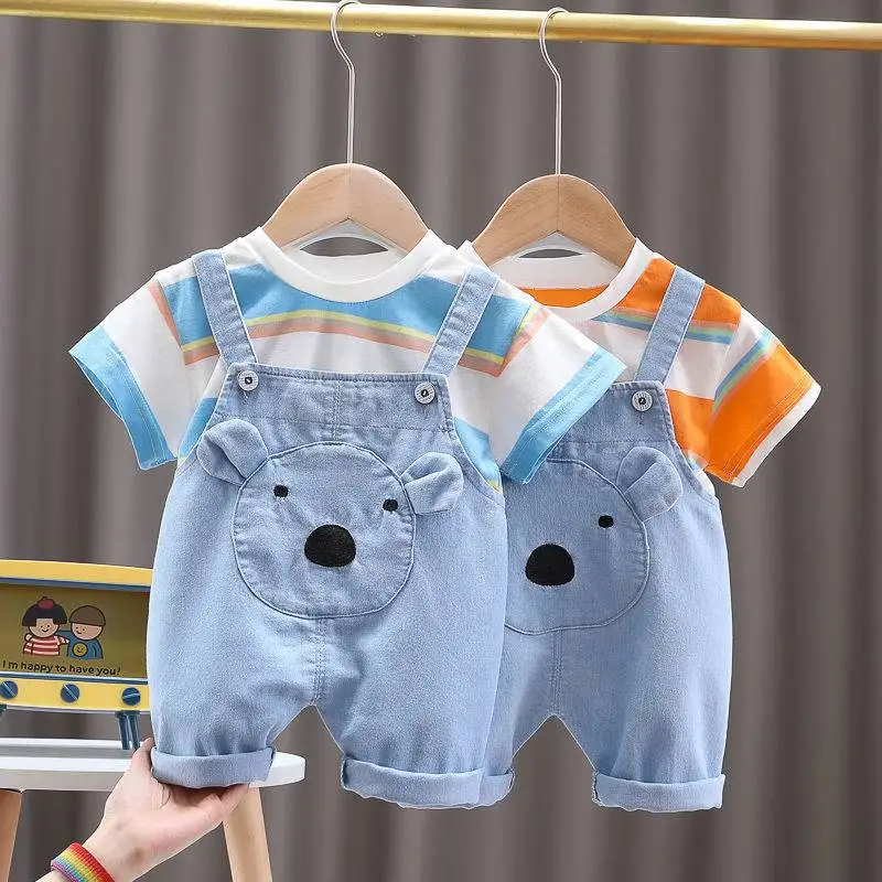 Quality Summer Baby boys Clothes Sets toddlers Children\'s Denim Overalls + Short T-Shirt Cute