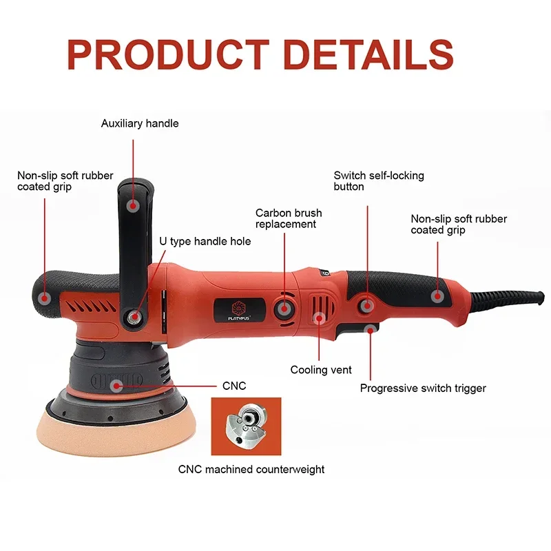 PLATYPUS-pulidora de doble acción, máquina pulidora de coche de 1000W, pulidora orbital DA aleatoria de 5 pulgadas y 12mm para detalles