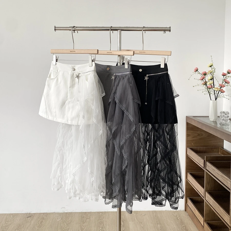 Spring Summer New Korean Fashion Mesh Splicing Half Length Skirt For Women High Waist Slim Look Grey Covering A-line Short Skirt