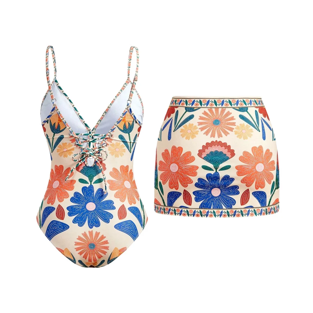 S - XL Neuer, mit Blumenmuster bedruckter Badeanzug mit Rock für Damen, einteiliger Badeanzug, Damen-Badeanzug mit V-Ausschnitt und hohem Beinausschnitt, Badebekleidung, Badeanzug, Modell V8041. – Detail 3