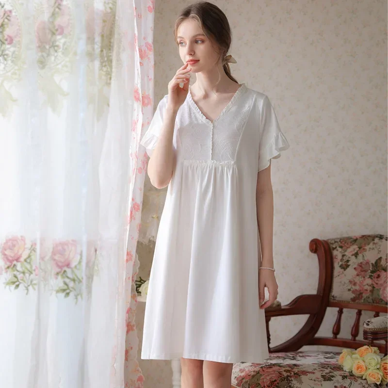 Robe Cute Vintage Short Nightgown Women Cotton Sleepwear Princess Nigthwear Ruffle Sleeve Kawaii Nighty Summer Sweet Night Dress