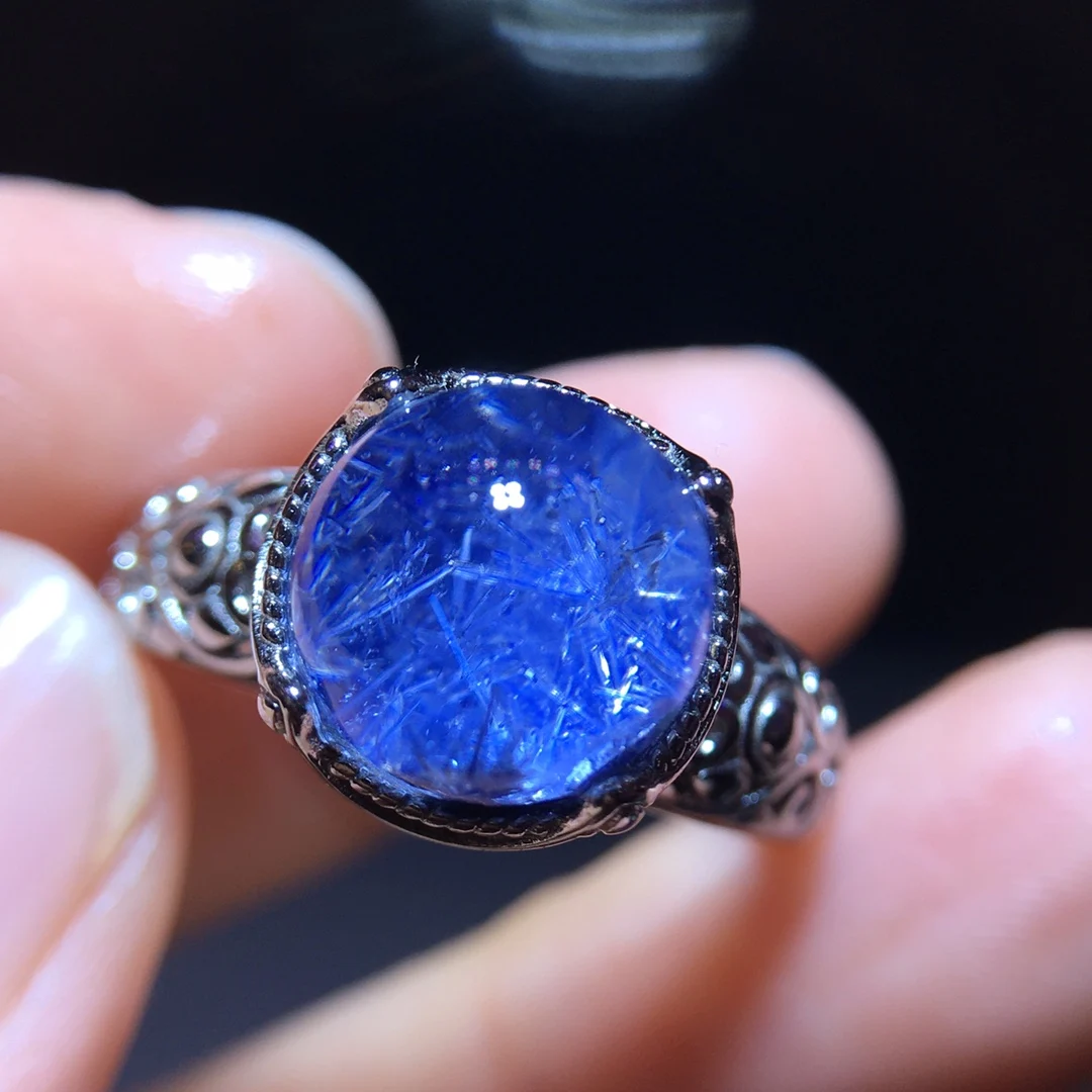 الطبيعية الأزرق Rutilated Dumortierite الكوارتز قابل للتعديل الدائري 9.7 مللي متر البيضاوي امرأة الرجال خاتم AAAAAAA #2