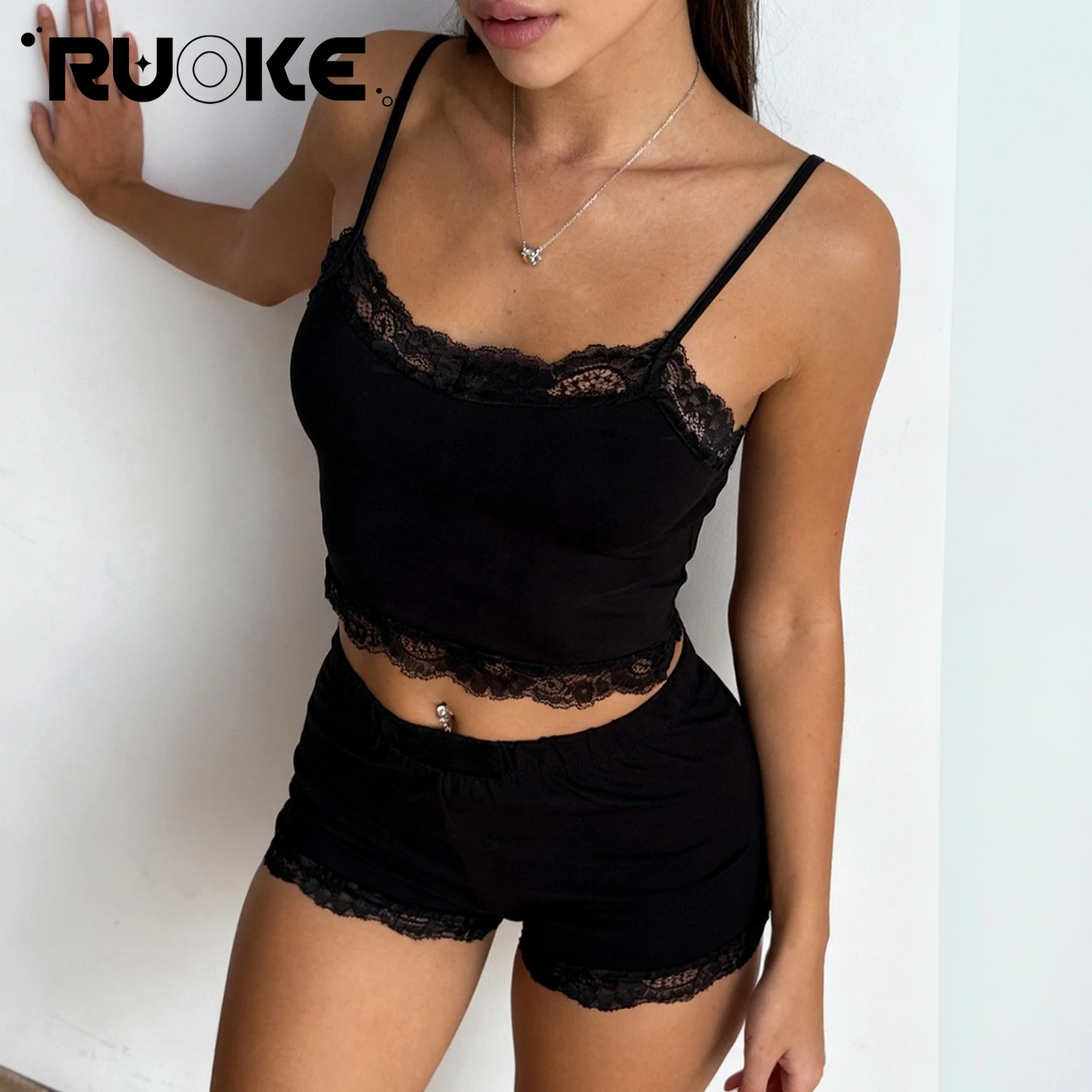 

[RUOKE] Sexy Lace Shorts Set Women Spaghetti Strap Crop Top Mini Shorts Casual 2 Piece Set Slim Fit Loungewear Sleepwear Outfit