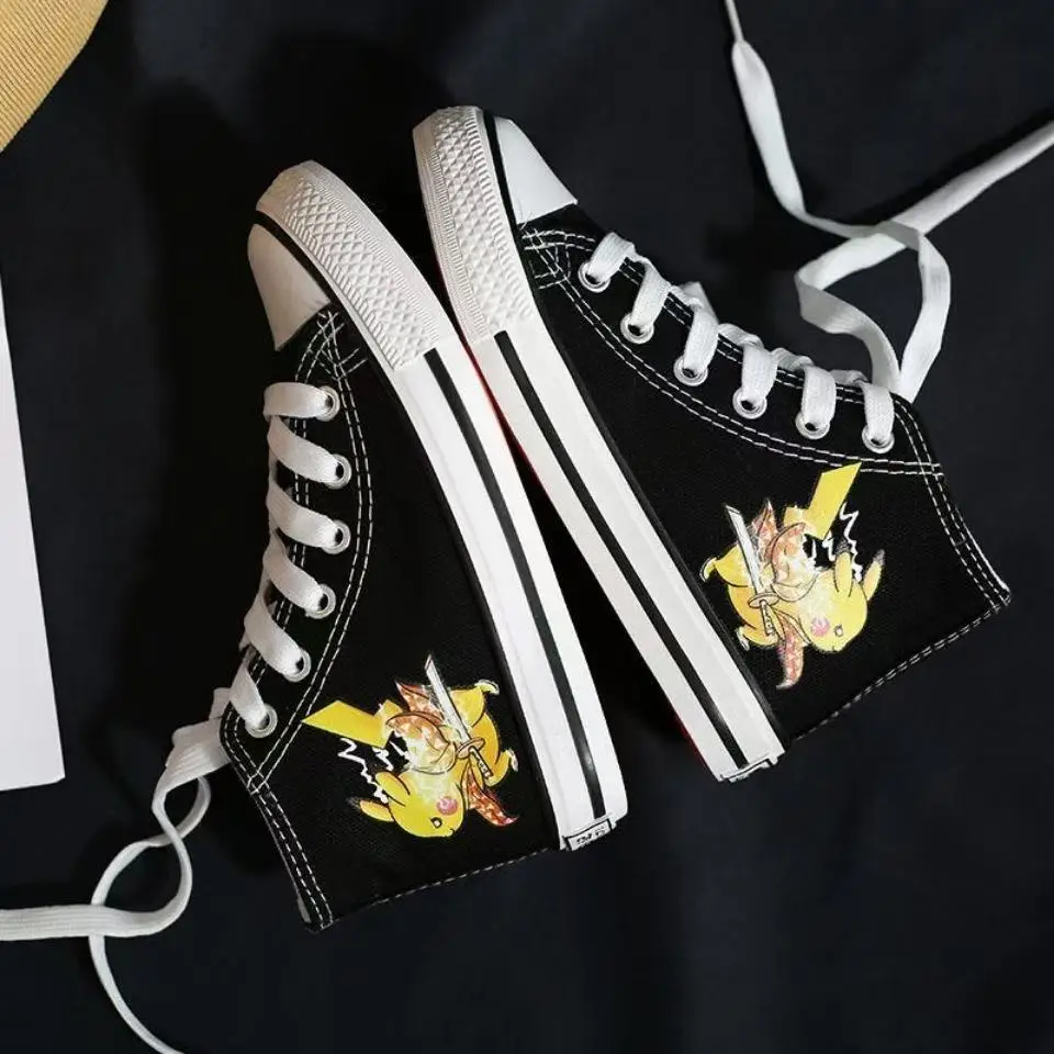 drop shipping 2025 new spring winter autumn Pikachu cartoon high top plus big size black real canvas shoes student women shoes