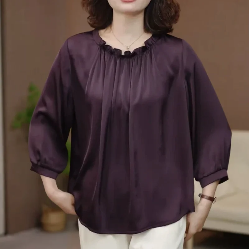 

Women's New Spliced satin Fashionable High-end Solid Color T-shirt Loose Slimming Top