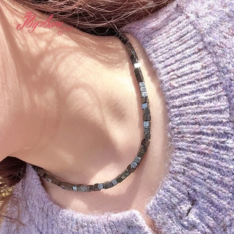Natural Hematite Pyrite Yellow color Necklace Stone Beads Fashion Jewellery Xmas Gift Chokers Necklace 17Inches Free shipping