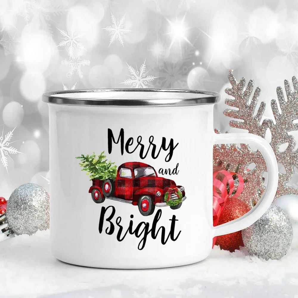 Handle Enamel Mugs Hot Sale Santa Deer Snowman Tree Print Coffee Cup Christmas Party Drinks Wine Beer Juice Milk Cups Xmas Gifts