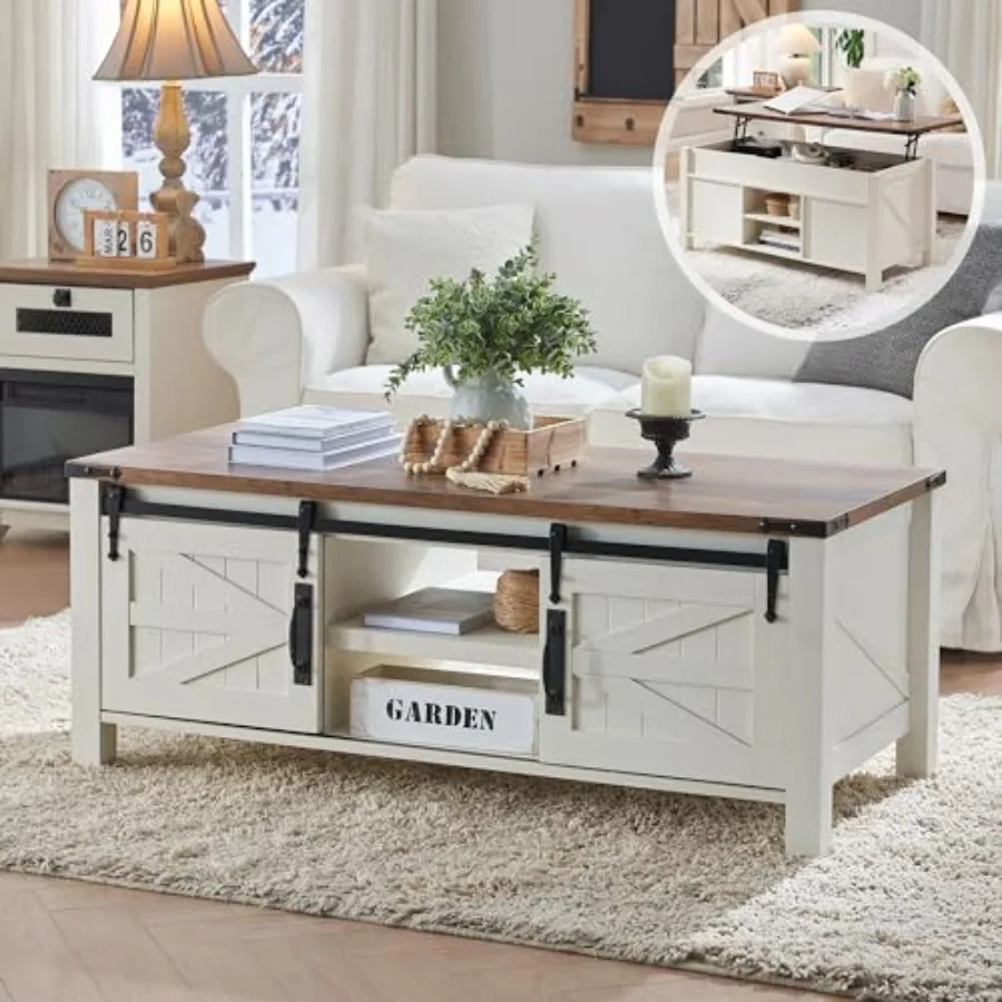 

48" Farmhouse Lift Top Coffee Table with Sliding Barn Door, Rustic Center Table with Hidden Storage Compartment, Lifting Tablet