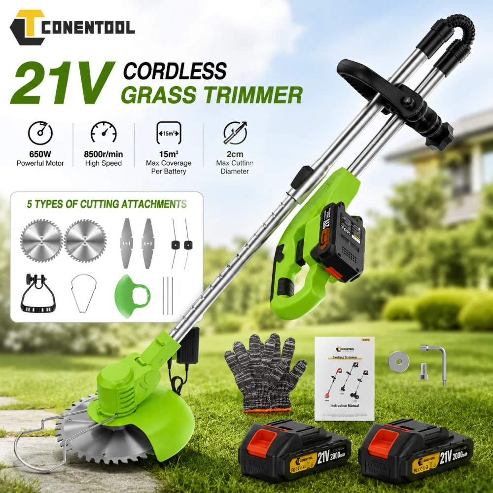 CONENTOOL 21V Akku-Rasentrimmer 650W Elektrischer Rasentrimmer Unkrautschneider 8500 U/min Leichter Faltbarer Teleskop-Gartenschneider, 6 Zoll Schnittbreite, 5 Schneidaufsätze, Wiederaufladbarer