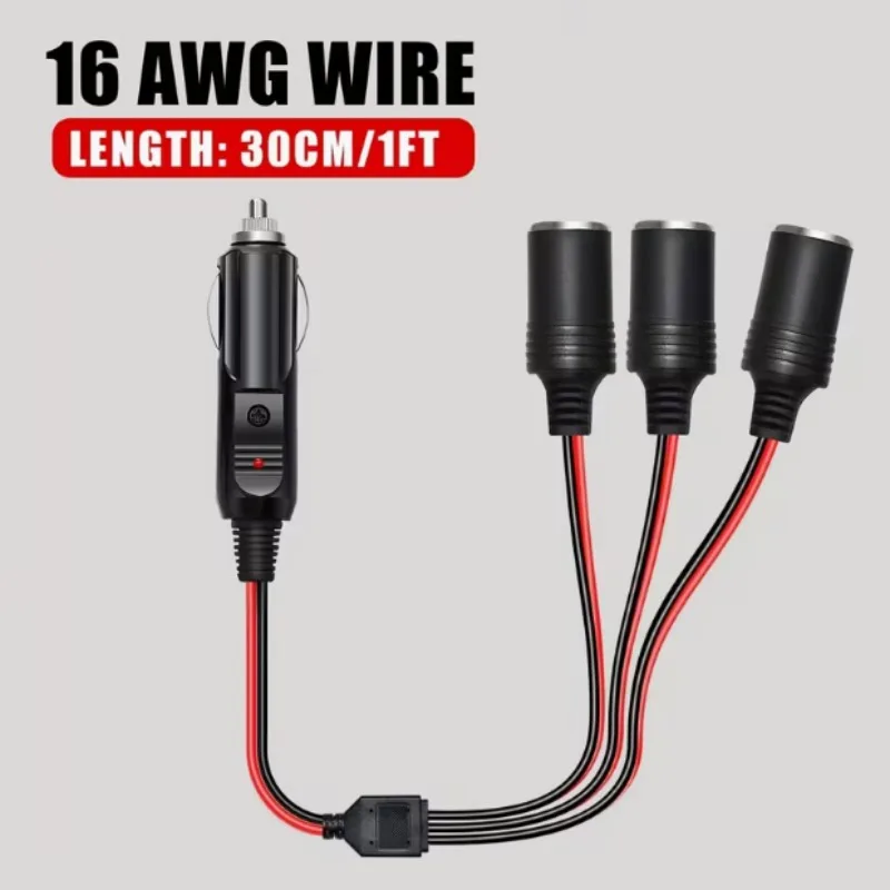 1 to 3 Car Cigarette Lighter Splitter Adapter 12V/24V 3-Way Power Port 10 Inch 16AWG Extension Cable with 15A Fuse