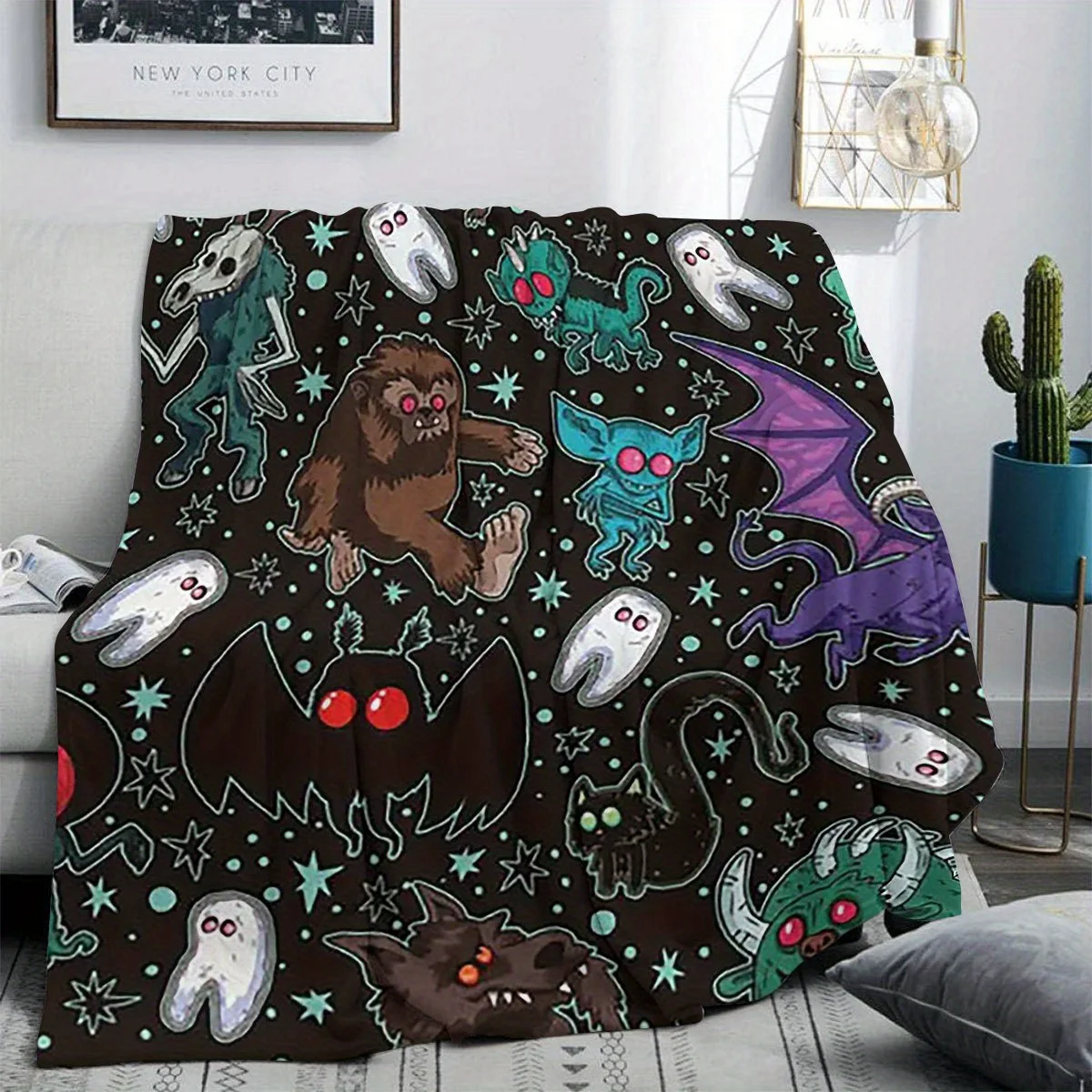 Glam Style Cryptids Blanket, Soft Comfortable Tear-Resistant Polyester Throw, Spooky Cartoon Creature Print, Perfect Picnics And