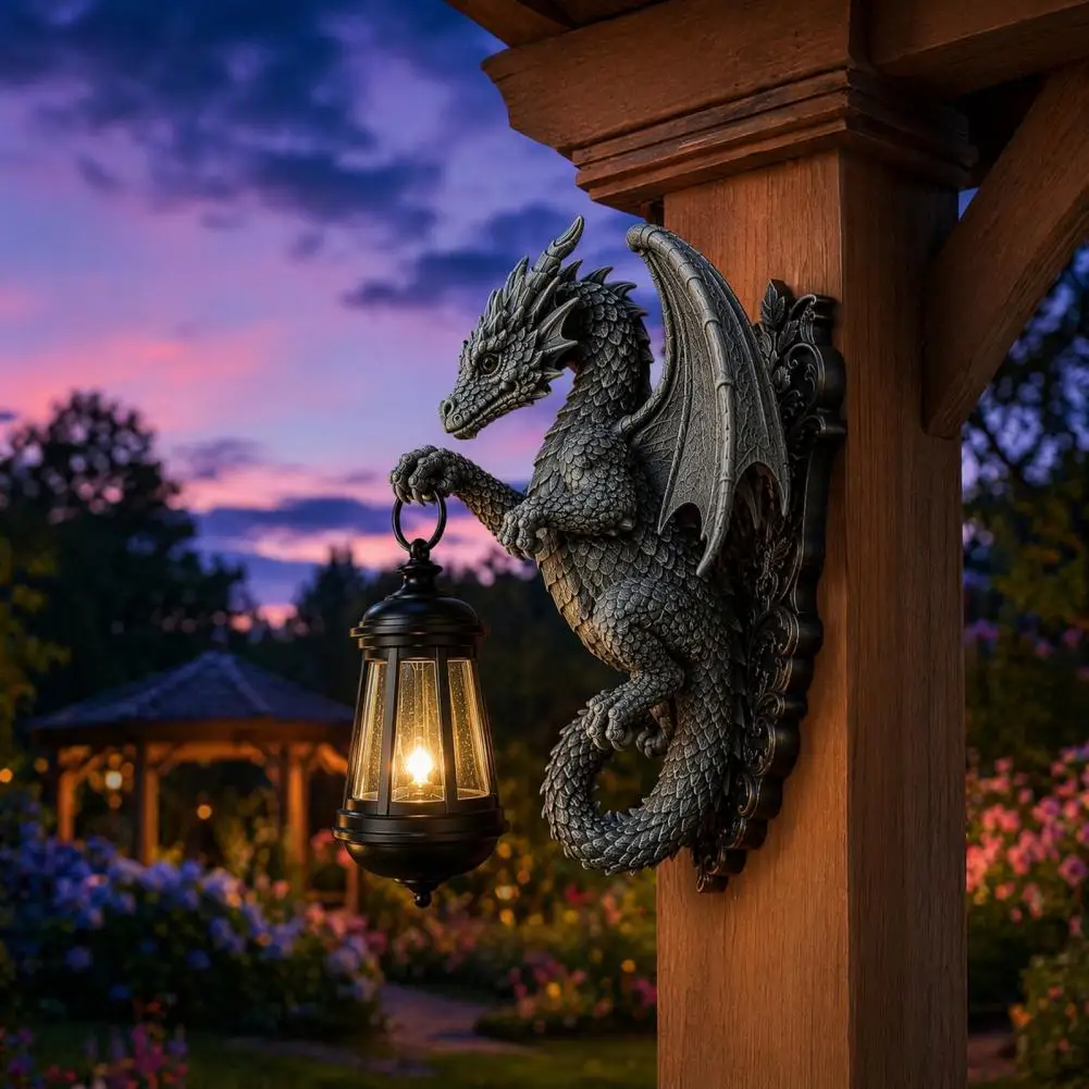 Led Solar Lantern Solar Dragon Wall Light Vintage Resin Outdoor Dragon Sculpture Waterproof Garden Lantern for Fence Yard