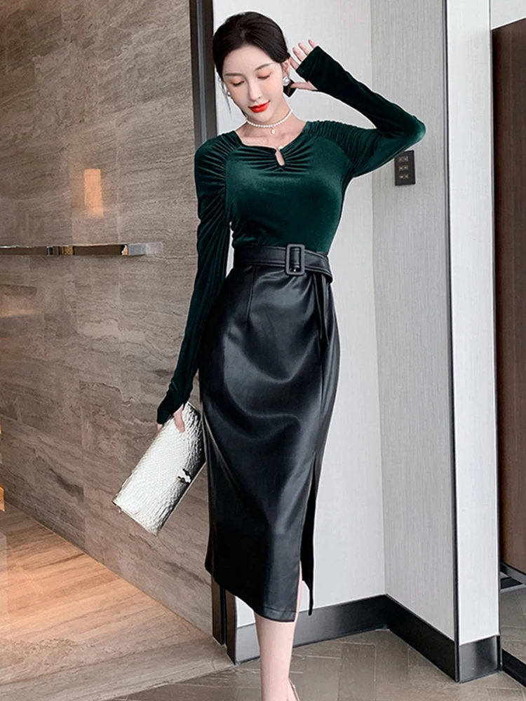 Fashion Korean Women OL Vintage Sexy O-Neck Puff Sleeve Midi Party Dress Temperament Velvet Patchwork PU Belt Split Female Dress