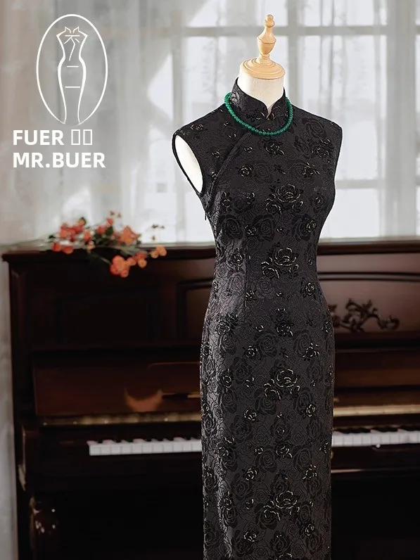 

Новинка: Длинное вечернее платье-ципао в ретро-стиле с узором «Роза», облегающее, для осени и зимы...