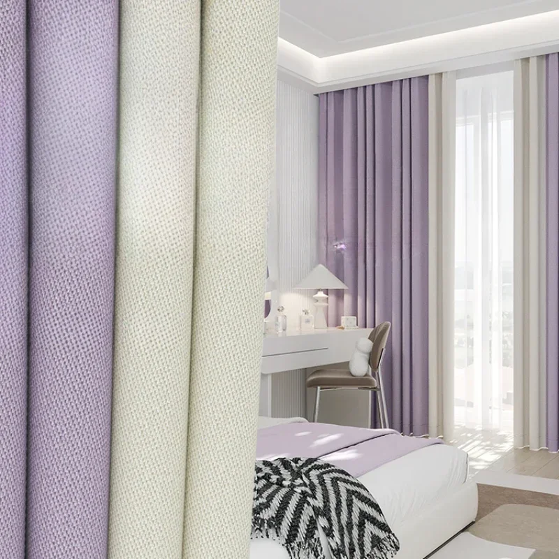 French Style Luxury Curtains for Bedroom Living Room Taro Purple Cream Colored Patchwork Curtains Cotton Linen Blackout Curtains