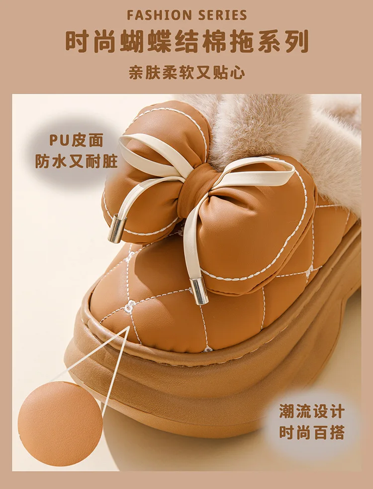 8 cm hohe Pantoffeln für Damen, klobige Plattform, Winter, pelzige Schleifenschuhe, Damen-Hausschuhe aus Kaninchenfell, wasserdichte Hasen-Mules, Clog-Schuhe – Detail 5