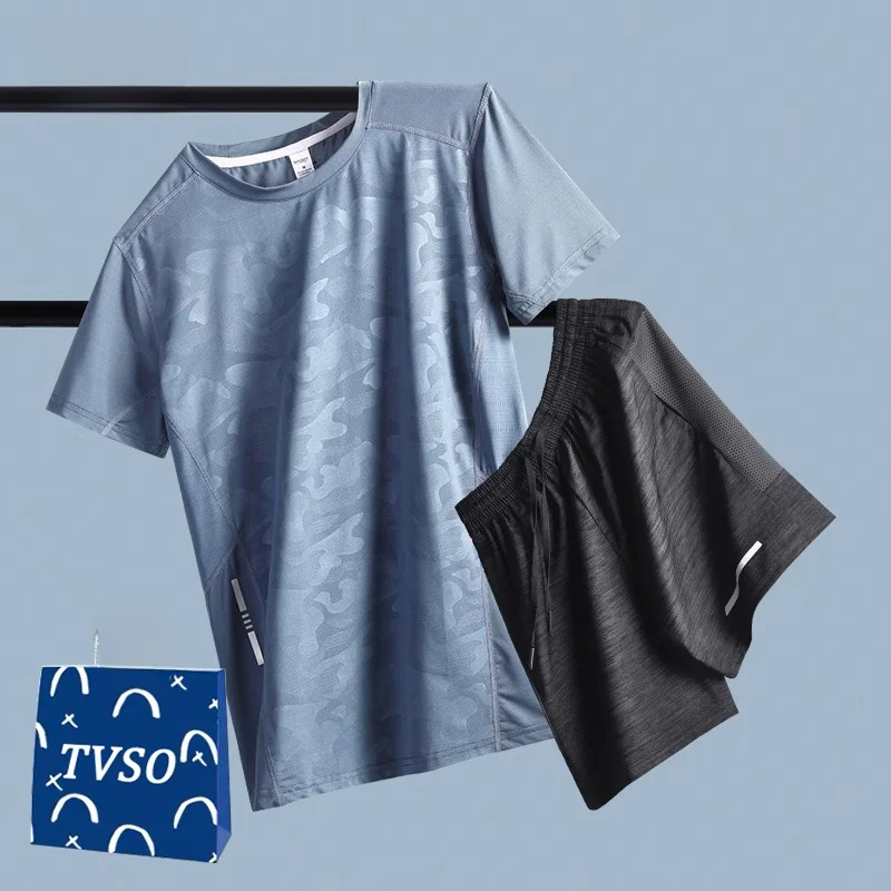 

Мужской летний спортивный костюм из ледяного шелка: футболка и шорты для бега, фитнеса, баскетбола...