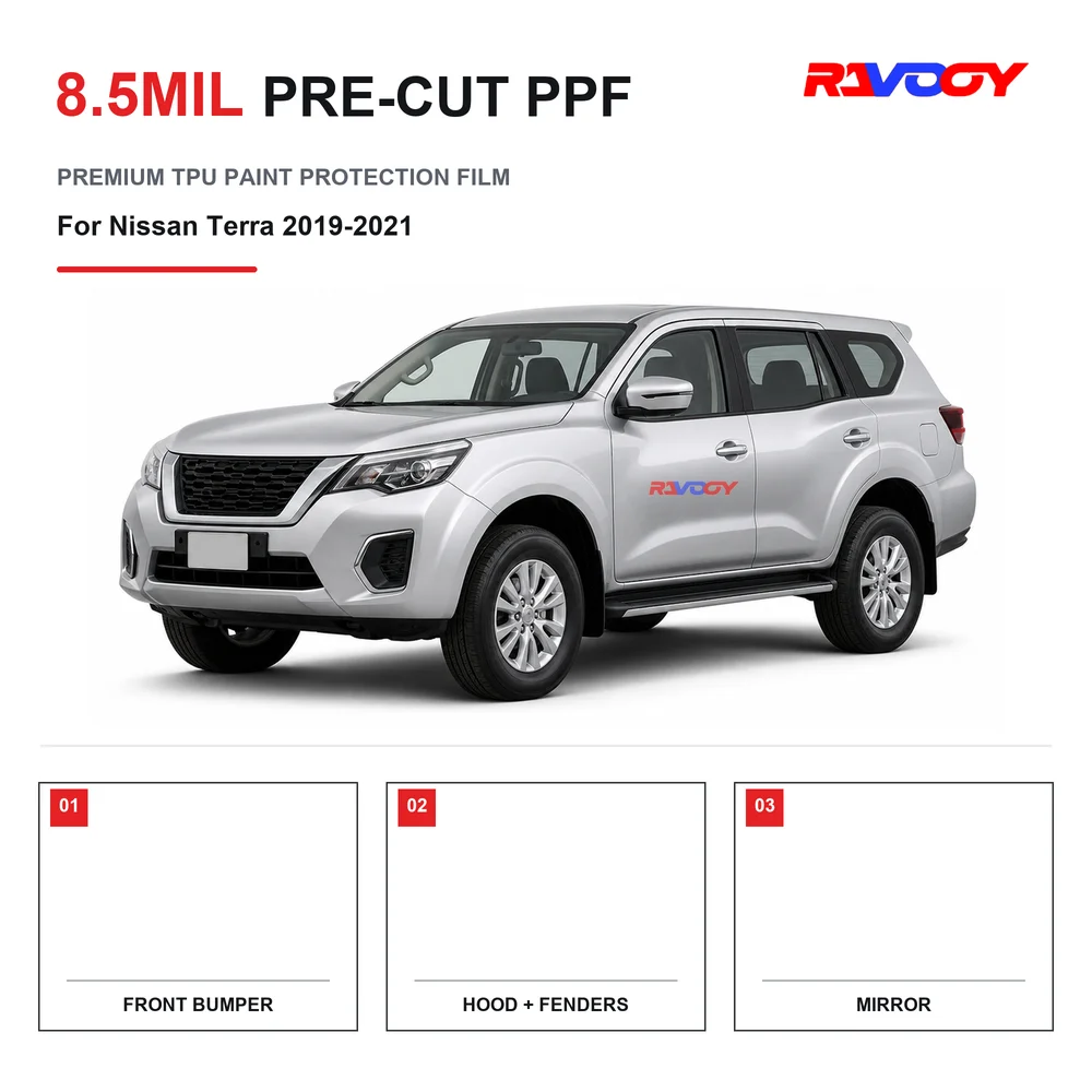 Film de protection de peinture transparent en TPU 8,5 mil, prédécoupé pour Nissan Terra 2019-2021, auto-réparant, hydrophobe, anti-UV et anti-éclats de pierres
