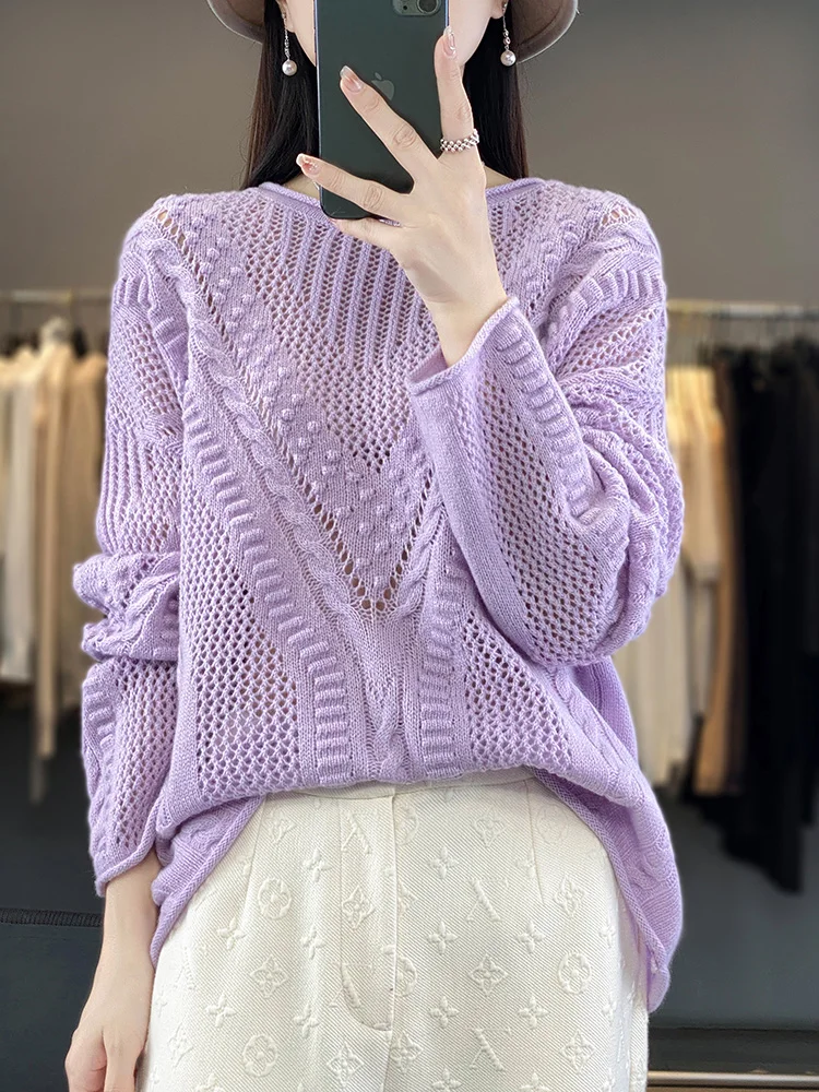 Addonee Women Sweater Hollow O-neck Pullover Vintage 100% Merino Wool Long Sleeve Cashmere Knitwear Autumn Winter Clothing Tops