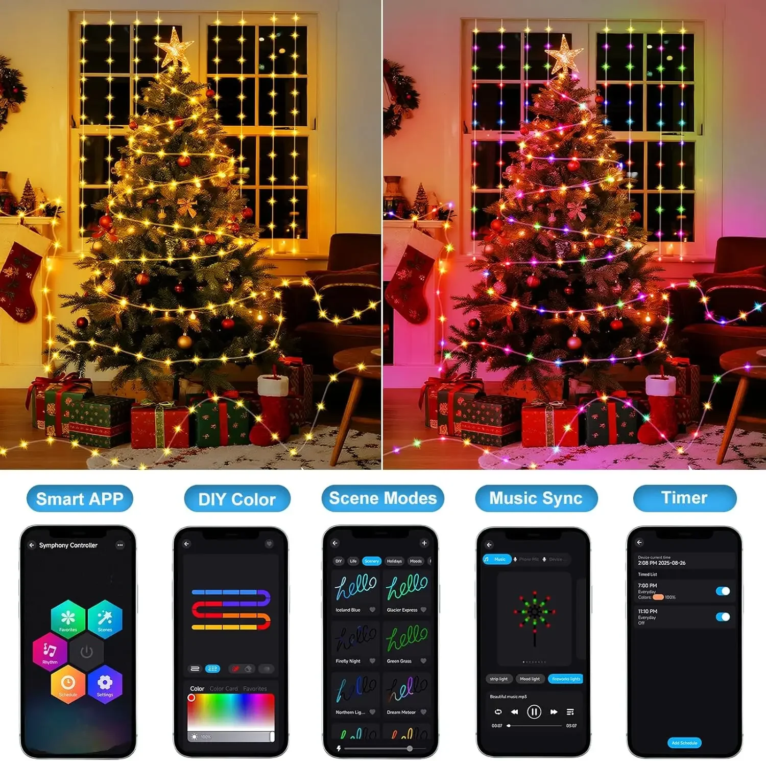 2M 400LED USB Garland Curtain Smart Fairy Light With Music Sync Remote Control Waterproof String Light For Christmas Decor