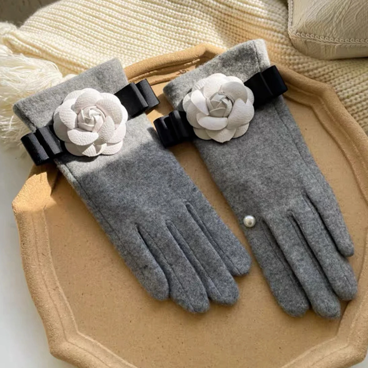 Y2k-guantes de lana con estampado de flores para mujer, manoplas cálidas para conducir, pantalla táctil, Invierno