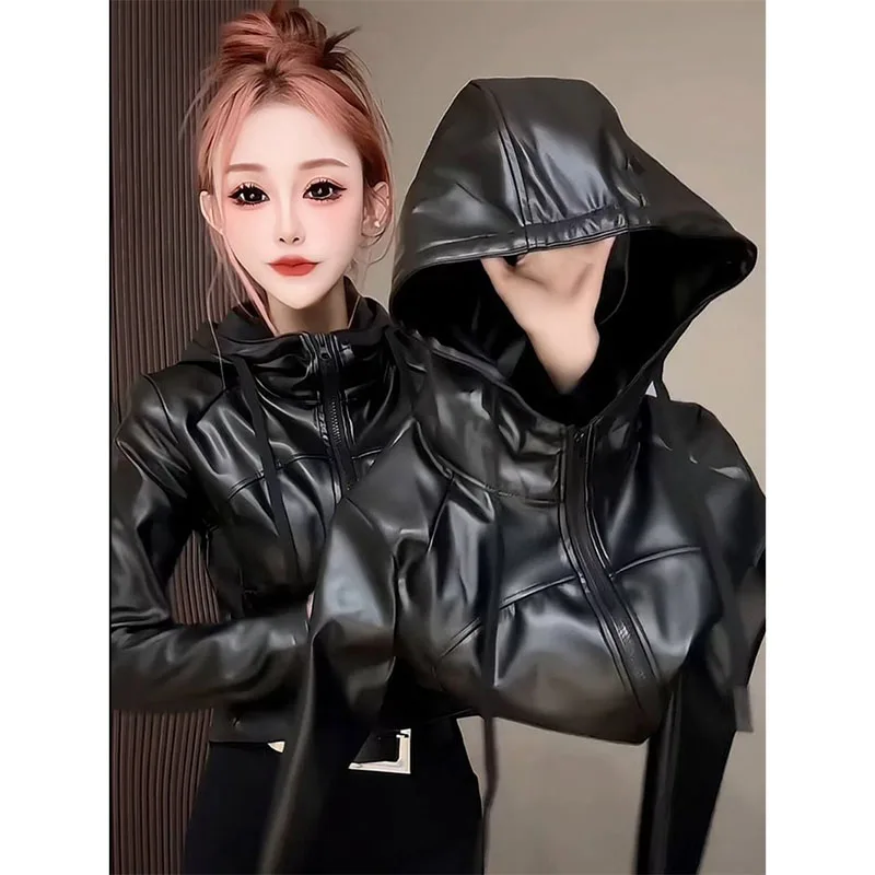 2026 Spring Autumn New Motorcycle Style Jacket Women's Leather Coat Advanced Slim Fashion Short Hooded Zipper Leather Outwear
