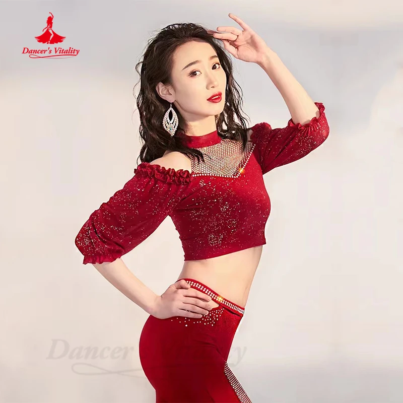 Belly Dance Professional Suit Shiny Trousers Oriental Dancing Performance Costume for Women Half Sleeves Top &trousers Clothes