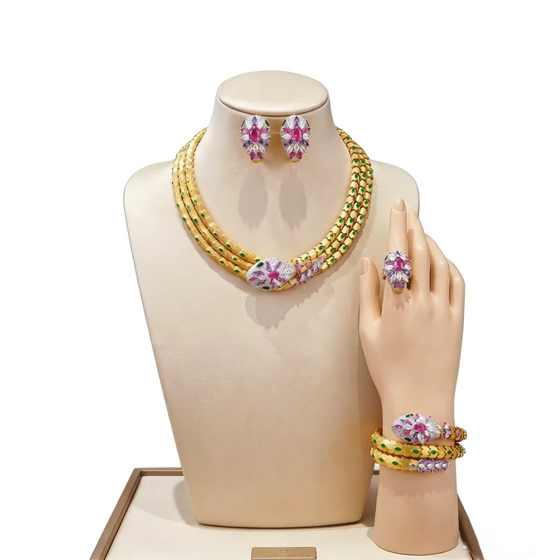 Luxury Snake Jewelry Set For Women 4Pcs Gold Color Multicolor Gemstone CZ Necklace Bracelet Earrings Ring Bridal Wedding Party
