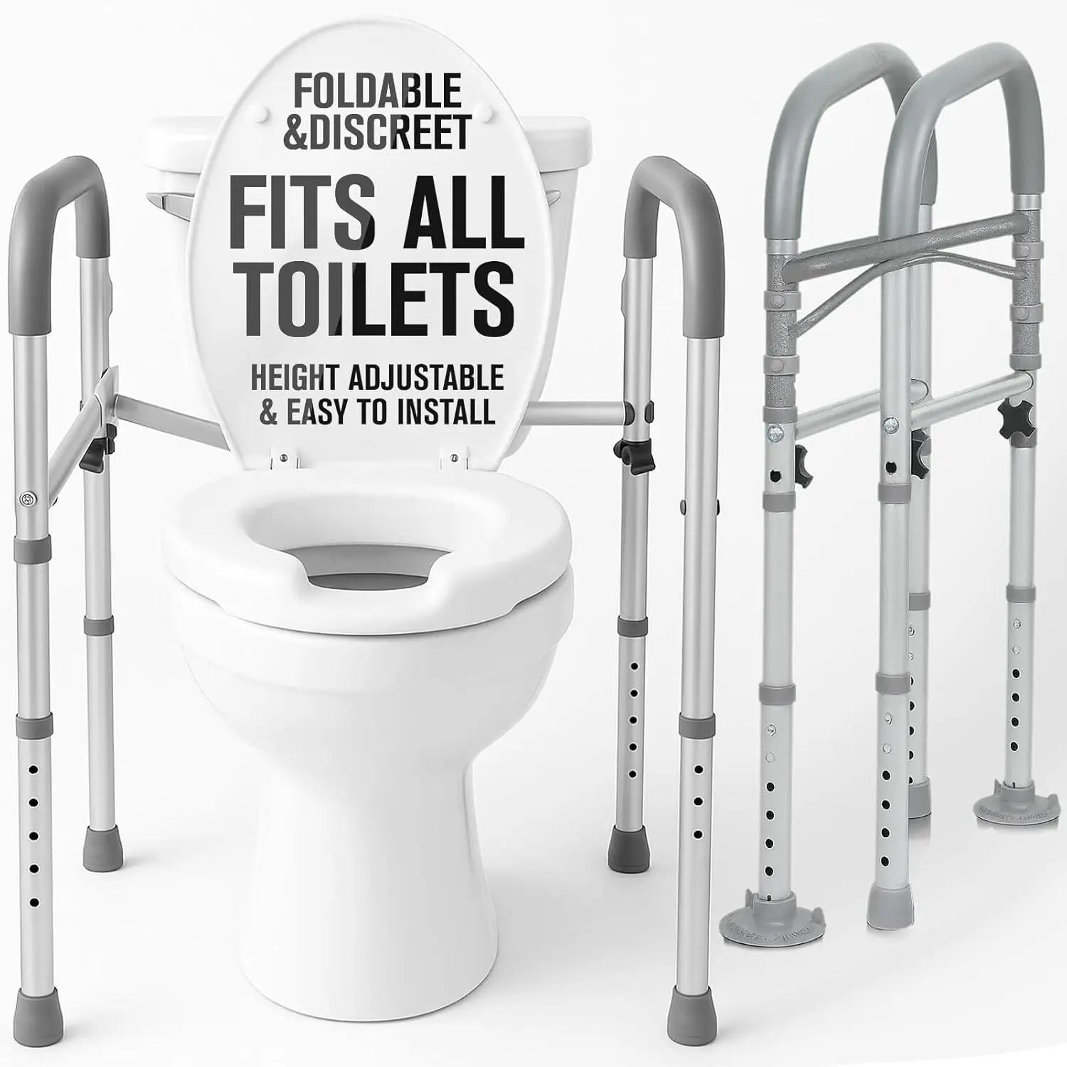 

Folding Toilet Safety Rail for Seniors & Disabled - Adjustable Height, Non-Slip Handles, Easy Installation
