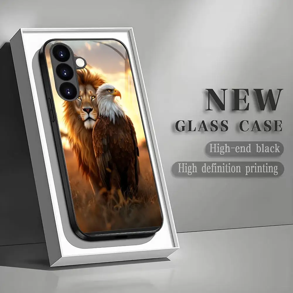 Lion Eagle Pattern Tempered Glass Phone Case Suitable for Samsung Galaxy S26 S25 S24 S22 S21 S20 FE/Ultra/Plus Scratch resistant