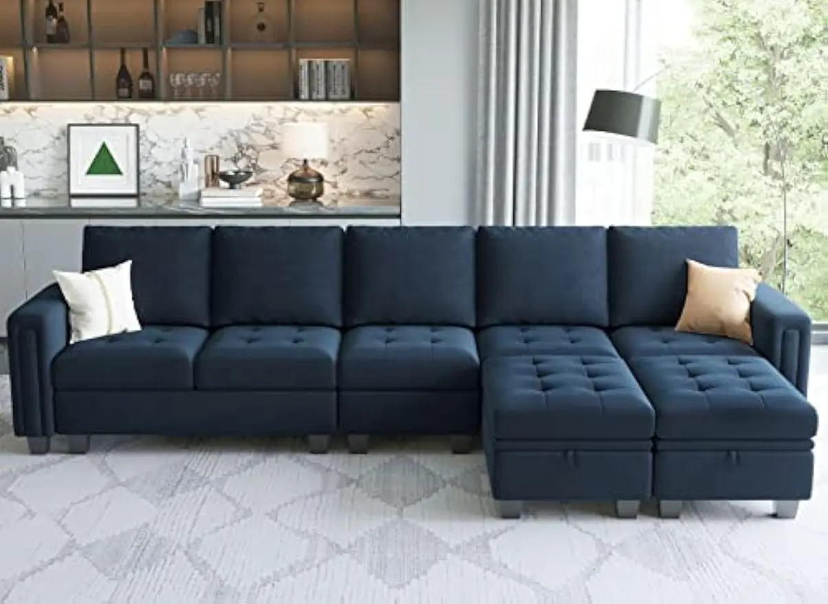 Large Velvet L Shaped Sectional Sofa with Reversible Double Chaises Modular  Couch with Storage Ottomans Convertible Sofa Blue