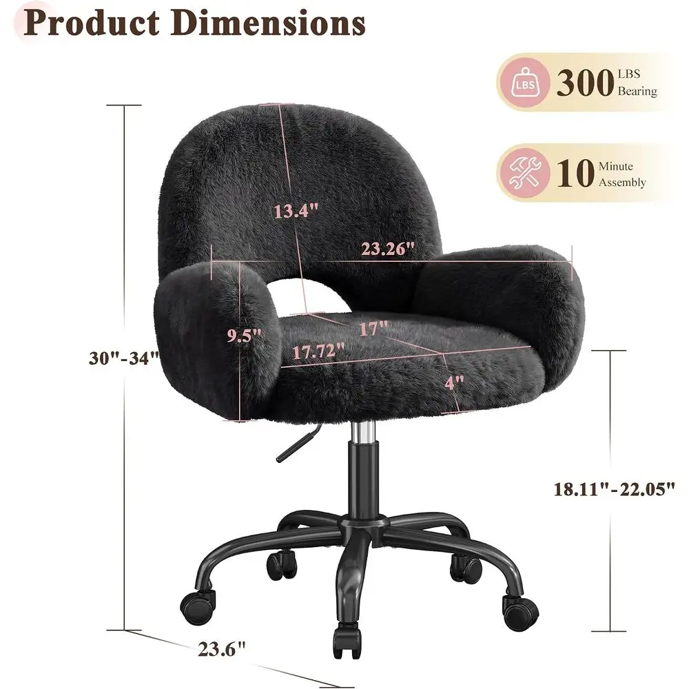 Ergonomic Office Desk Chairs with Arms, Swivel Vanity Stool for Makeup Rooms, Adjustable Height, Black view 2