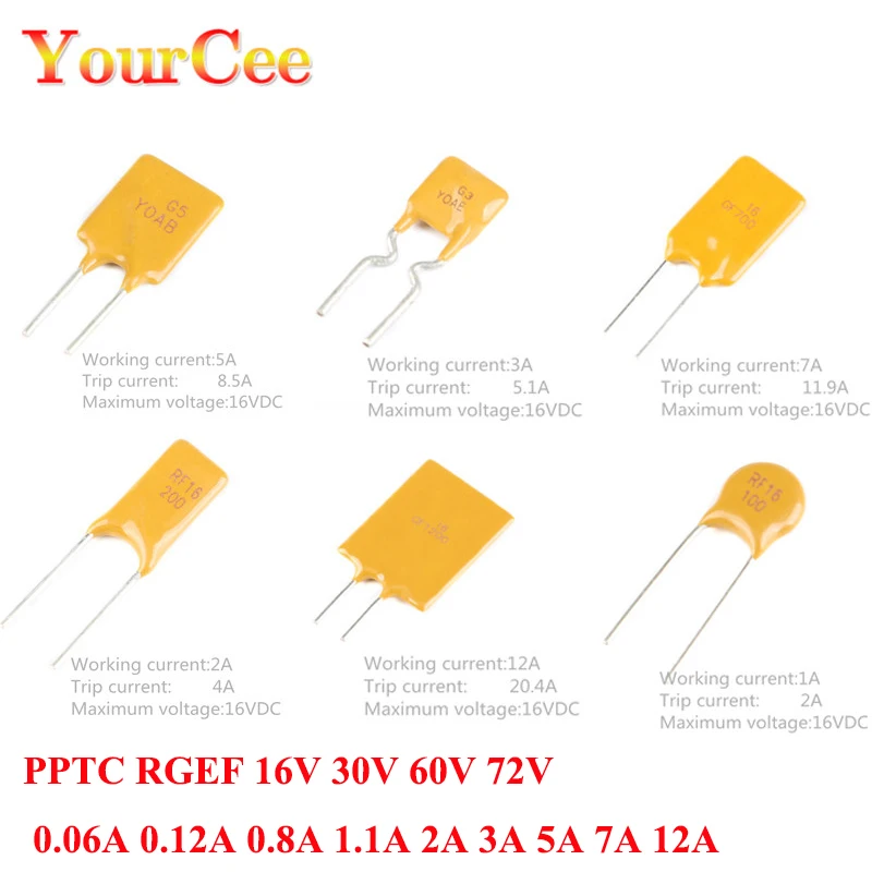 10Pcs 16V 30V 60V 72V Resettable Fuse PPTC RGEF 0.06A 0.12A 0.8A 1.1A 2A 3A 5A 7A 12A Fuses In-line RUEF300 Self-Recovery Fuse