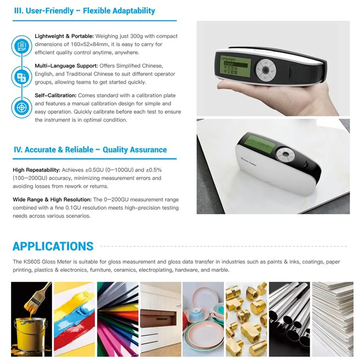 Winter Essential KS60S Gloss Meter 60° Portable Gloss Tester 0-200GU 0.1GU Resolution Digital Glossmeter for Paint Coating Metal