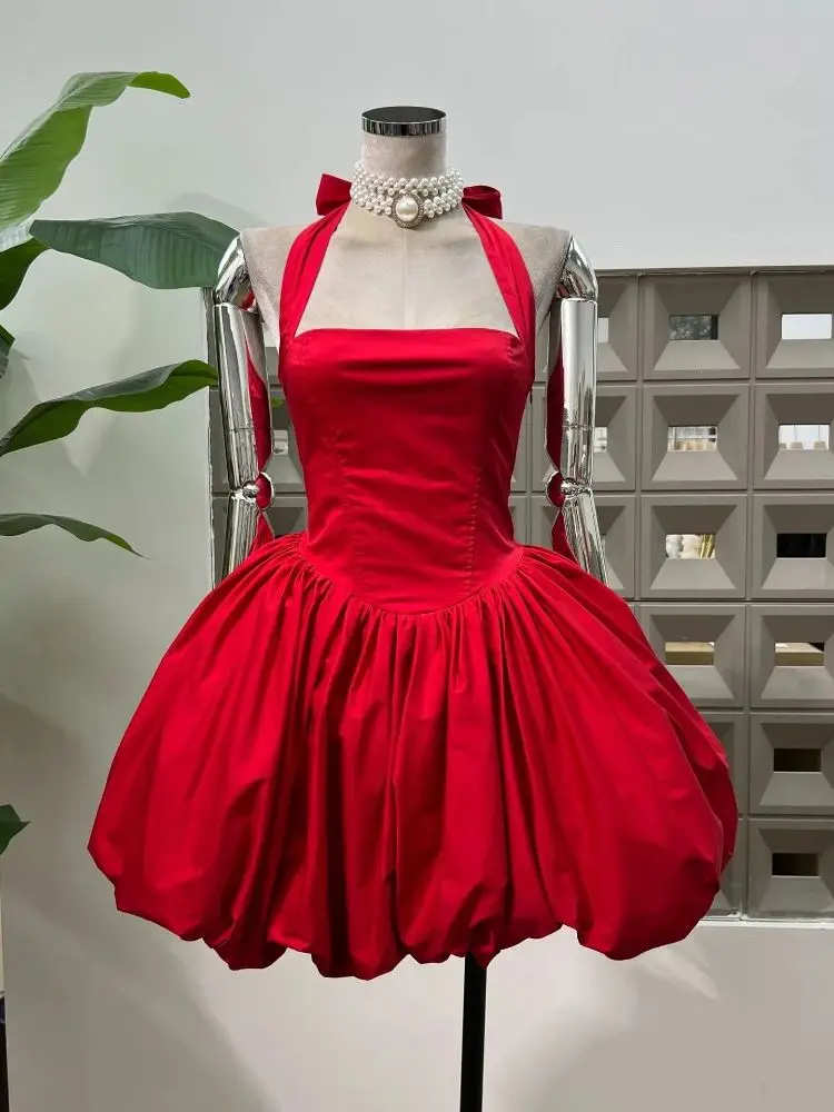 Sexy Solid Sleeveless Backless Halter Short Flower Bud Dress Fashion  A-line  Summer Evening Party Lolita Gowns Vestidos