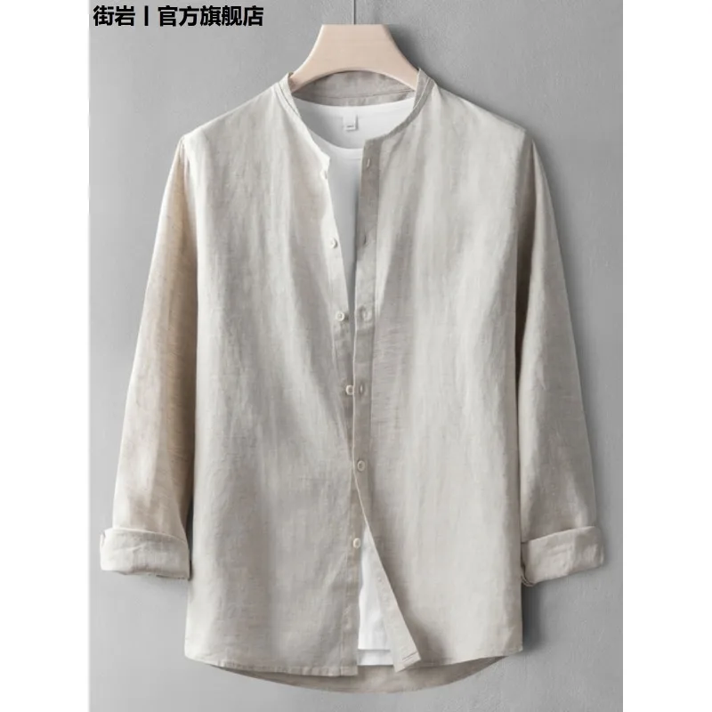 Thin Round Neck Pure Linen Shirt Men's Spring and Summer Vintage Cotton Linen Top Collarless Casual Long-sleeved Shirt