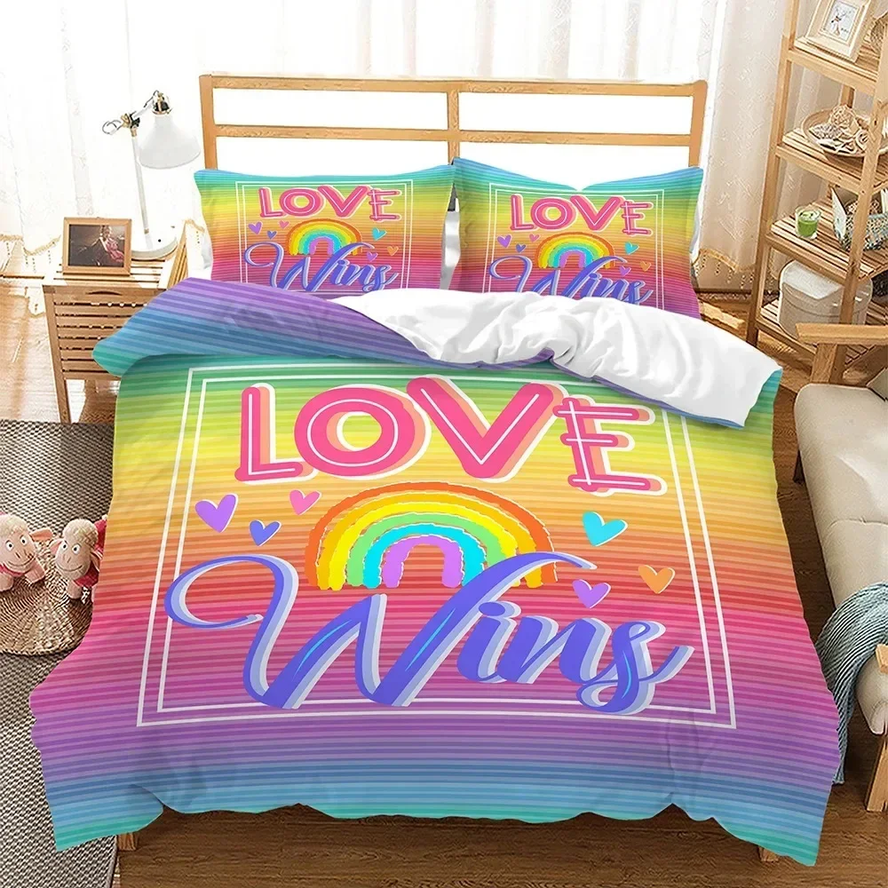 Rainbow Heart Love Duvet Cover Colourful Stripe Bedding Set Pillowcases Comforter linen Single Double TwinQueen For Kids Gift