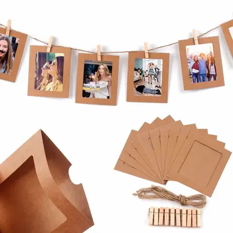 10Pcs DIY Craft Paper Photo Frame With Clips and Rope Wall Photo Frame Hanging Picture Album Home Decor Wedding Happy Birthday
