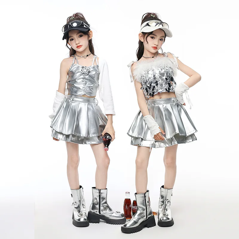 Kid Cool Silver Hip Hop Clothing Sequin Crop Camisole Tank Cardigan Top Pleated Mini Skirt for Girls Jazz Dance Costumes Clothes