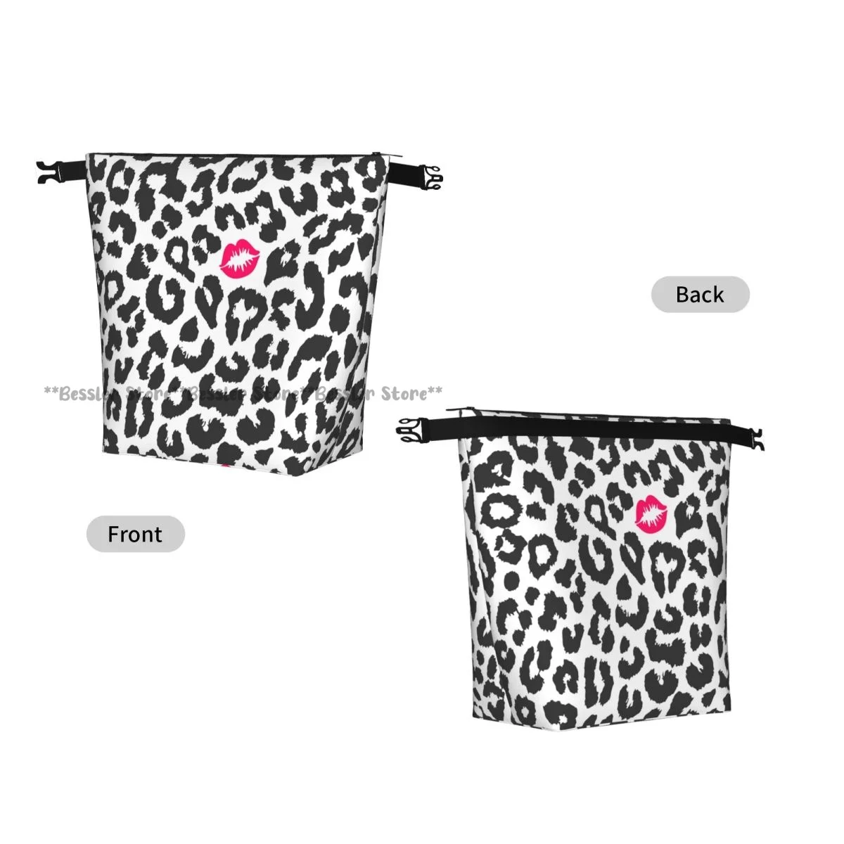 Roll Top Insulated Lunch Bag Leopard Texture With Kiss Thermal Food Storage Bag Portable Bento Handbag for Daily Use