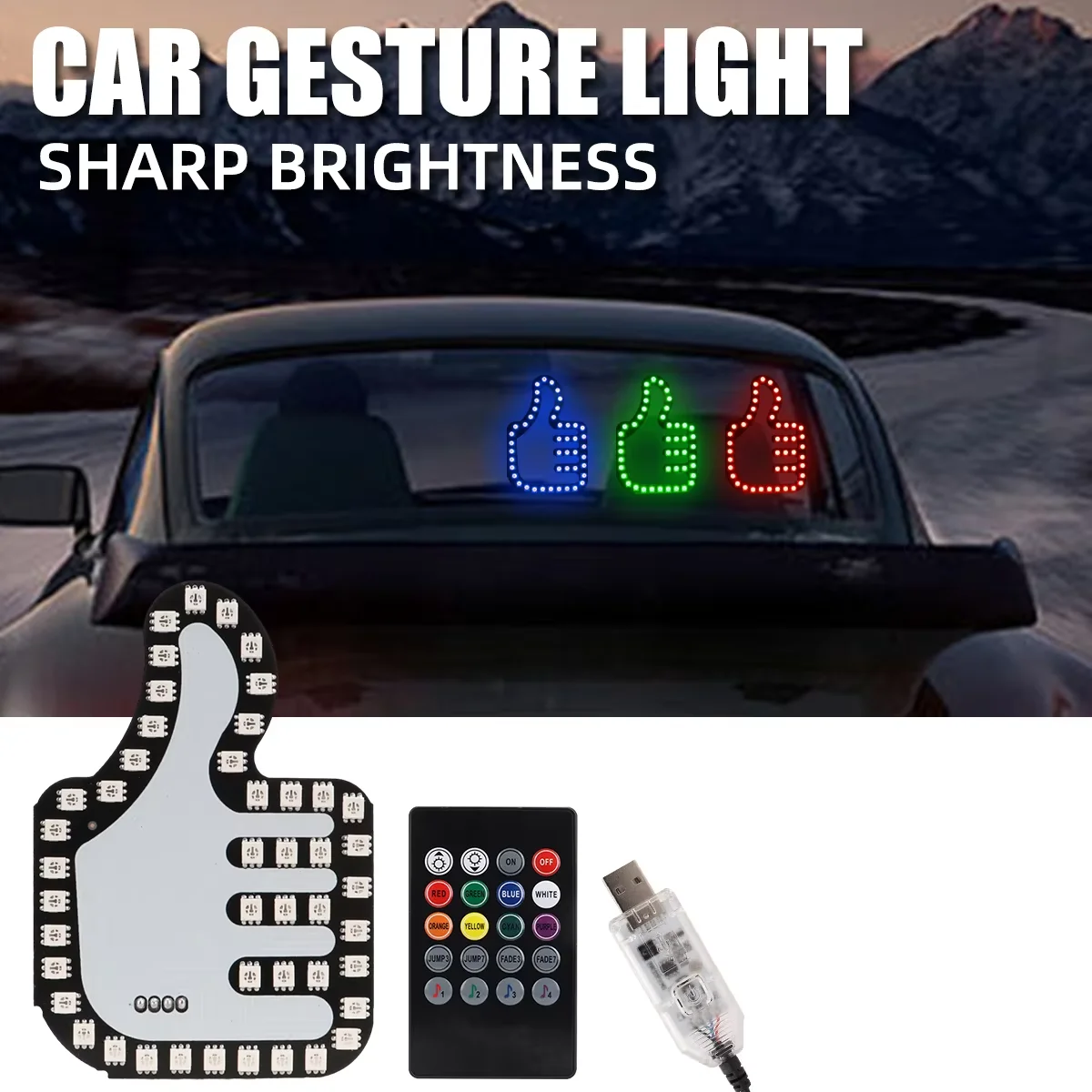 Luz de dedo de coche divertida USB remoto Victory OK Signs RGB Gesture Hand Lamp Glow Panel Window Sign LED, accesorios interiores de coche, 1 unidad