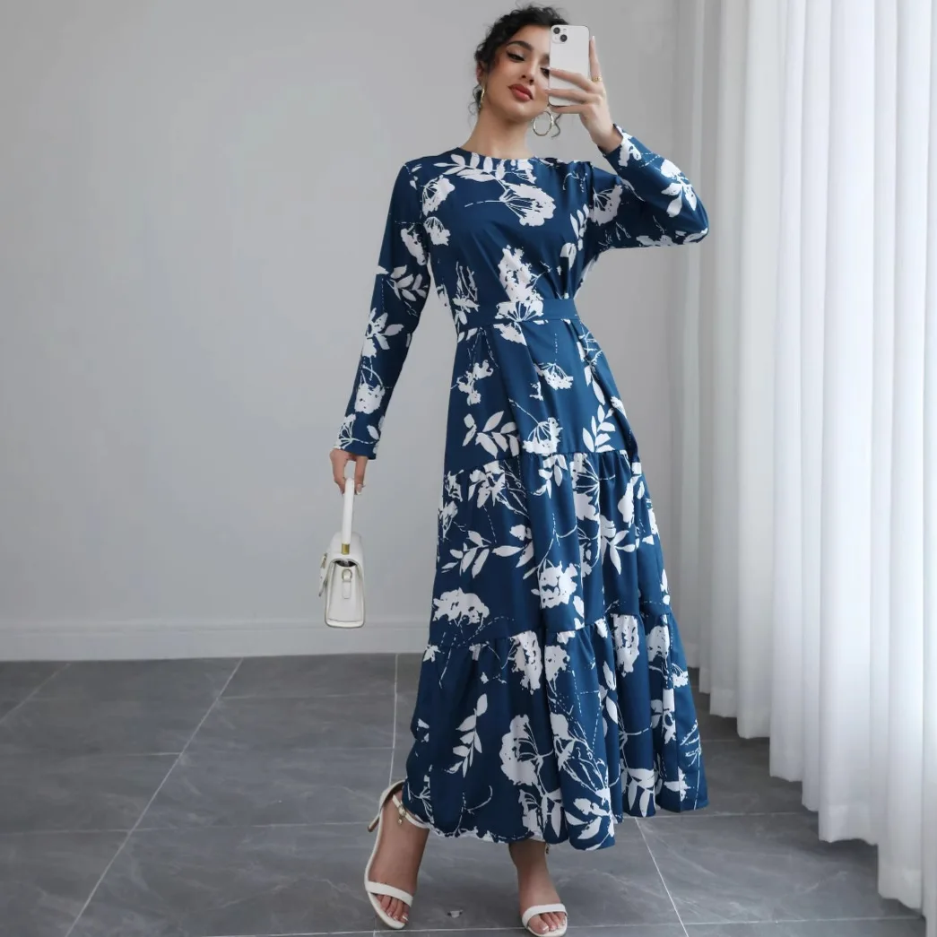 French Style New Fashion Women's Blue Floral Printed Casual Trendy Simple Basic Long Sleeve Ankle Length O-neck Dresses Female
