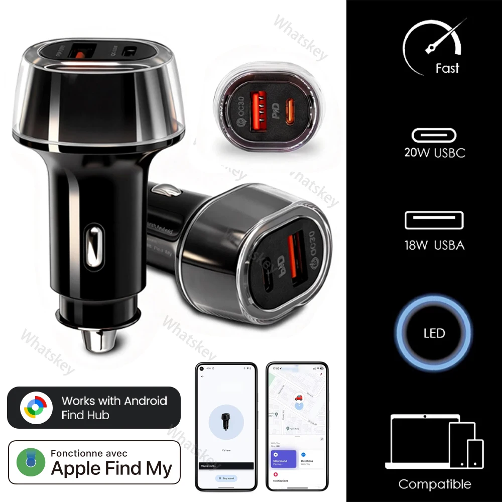 Universal Car Phone Charger USB Type-C 30W USB Quick Charging Adapter GPS Locator Tracker For IOS or Android System Find Hub App