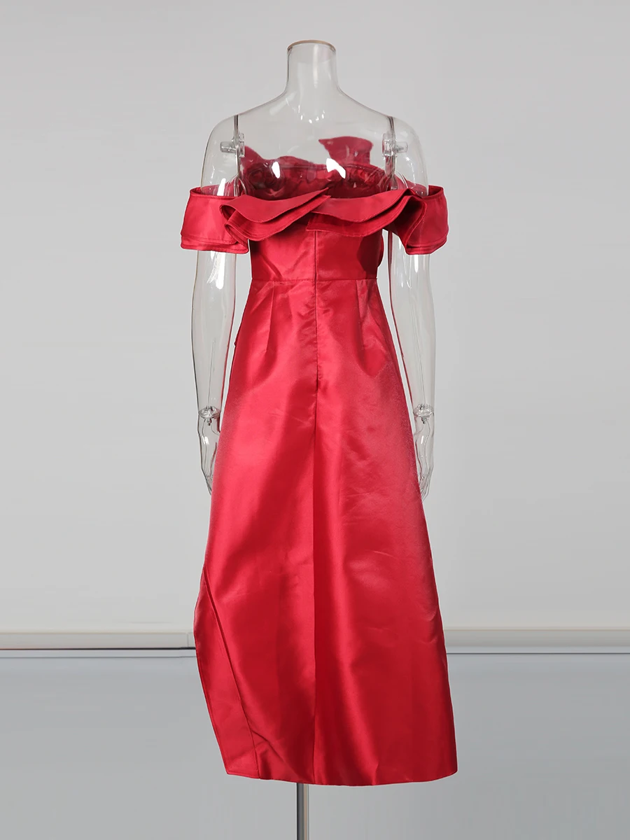 TWOTWINSTYLE Rot Abnehmen Verstärktes Rüschen Falten Unregelmäßige Lange Kleider für Frauen Slash Neck Kurzen Ärmeln Elegante Kleid Weibliche