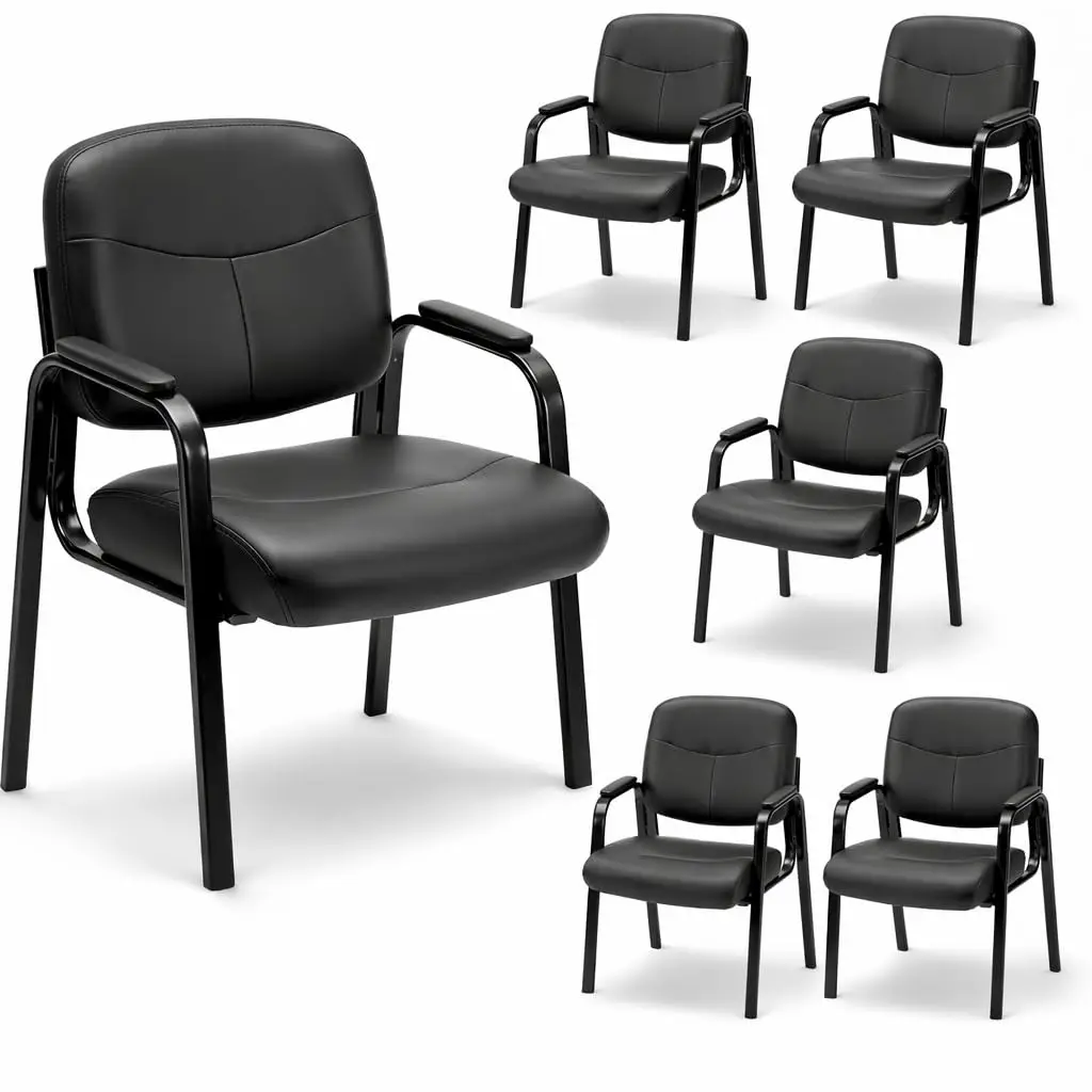 Ergonomic Leather Reception Guest Chair Set of 6, Waiting Room Padded Armrest Metal Frame No Wheels Office, Customized