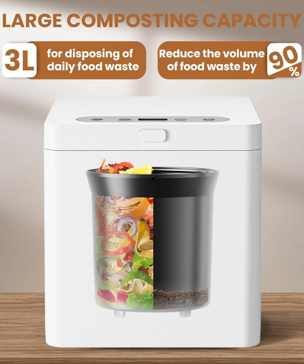 3L Smart Compost Bin for Countertop, Odorless/Auto-Clean/LED Display, Turn Food Waste Into Fertilizer in 4/6 Hrs