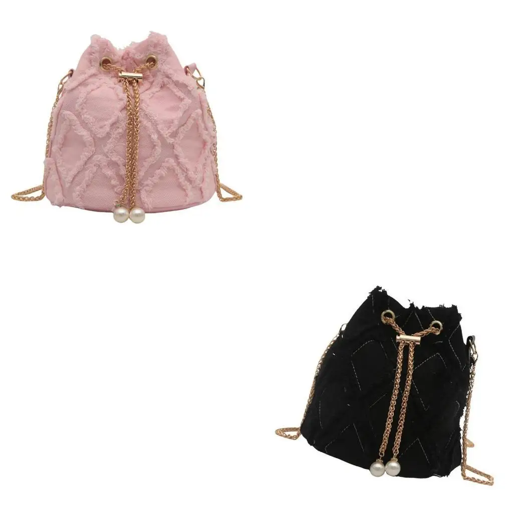 

D46D Womens Tassels Denims Small Bucket Bag with Chain Strap Fashionable Jeans Crossbody Shoulder Bag Pearls Drawstring Purse
