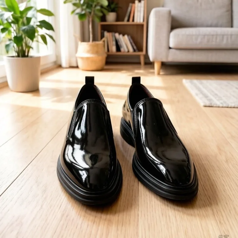 New Men's Plus Size One-Step Business Formal Leather Shoes, Korean Style Groom Wedding Shoes, Casual Youth Glossy Sneakers,38-47