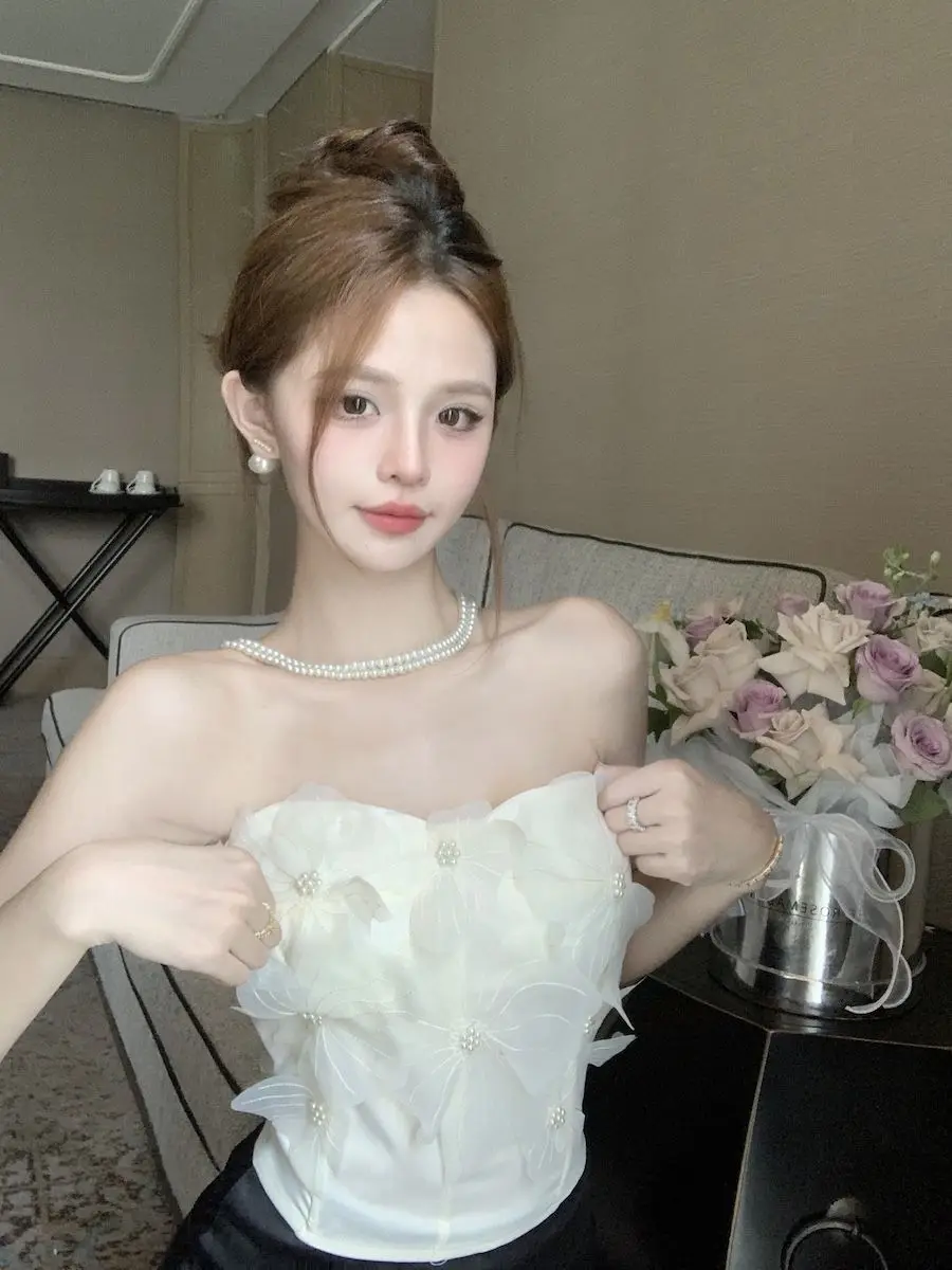 Pure สไตล์ตาข่ายดอกไม้ Slim และ Elegant Strapless Top สําหรับผู้หญิงใหม่สาวร้อน Breast Wrap เสื้อ